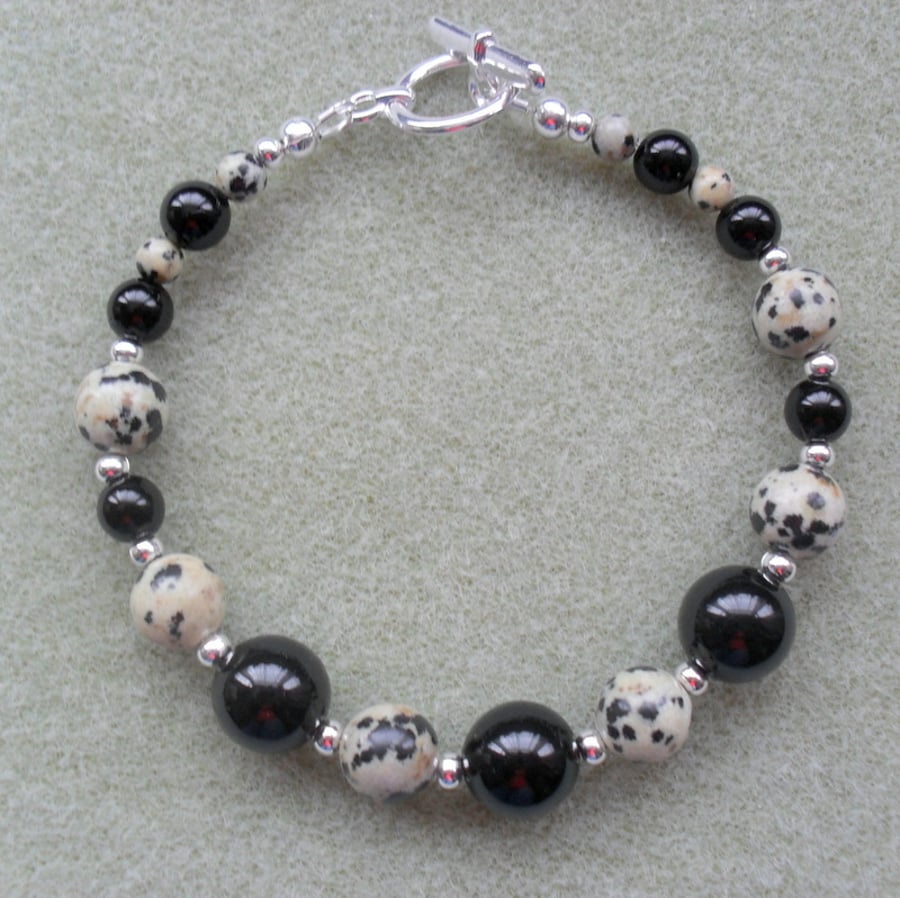 Black Onyx and Dalmatian Jasper Silver Plated Bracelet