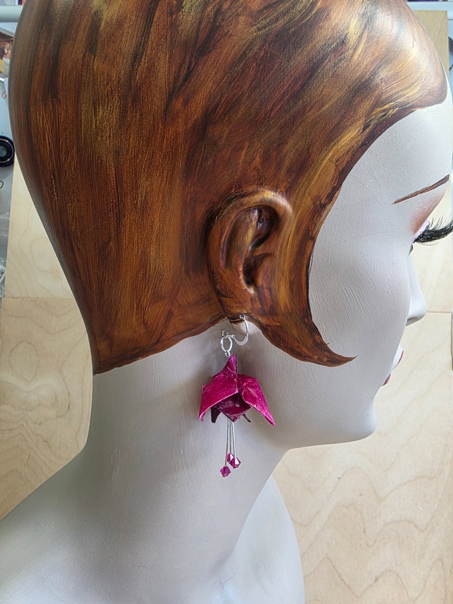 Fuchsia drop earrings, origami handmade paper jewellery, lightweight statement