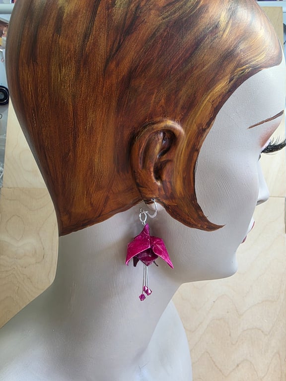 Fuchsia drop earrings, origami handmade paper jewellery, lightweight statement