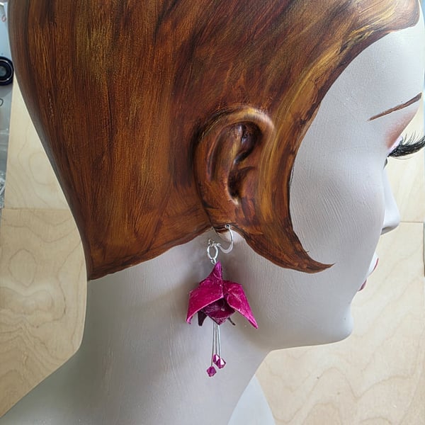 Fuchsia drop earrings, origami handmade paper jewellery, lightweight statement