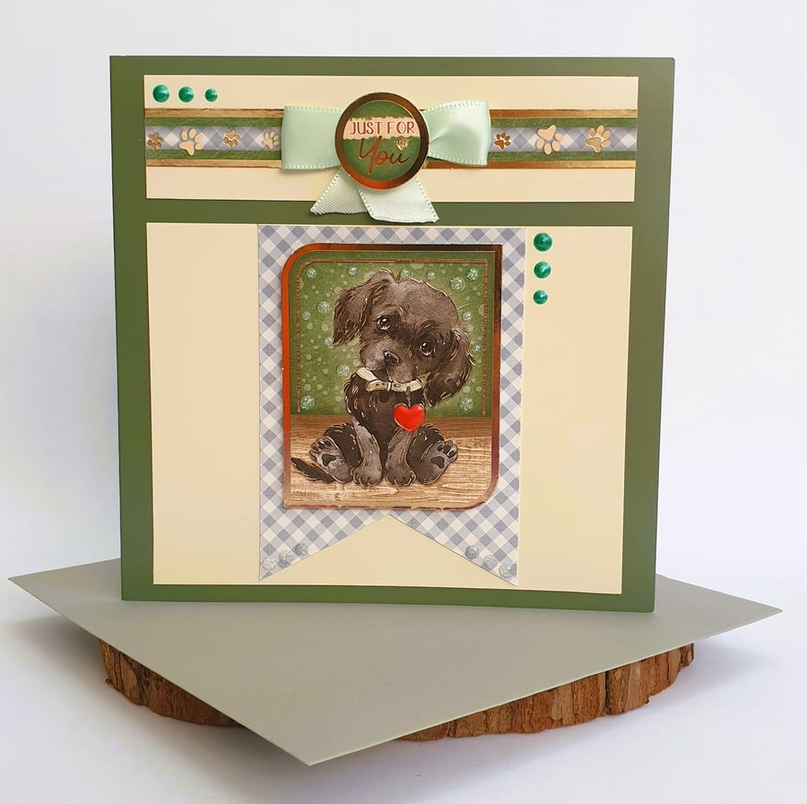 "Just For You" Card, Puppy Love, Green-Cream, Square, Blank