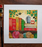Bookshelf with yarn, coffee and ivy original artwork, frame included - Image 3