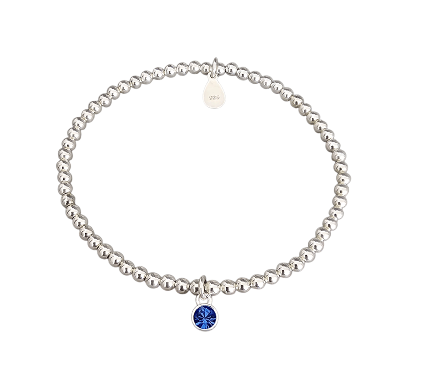Sterling Silver Birthstone Charm Beaded Stretch Bracelet 925