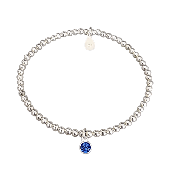 Sterling Silver Birthstone Charm Beaded Stretch Bracelet 925