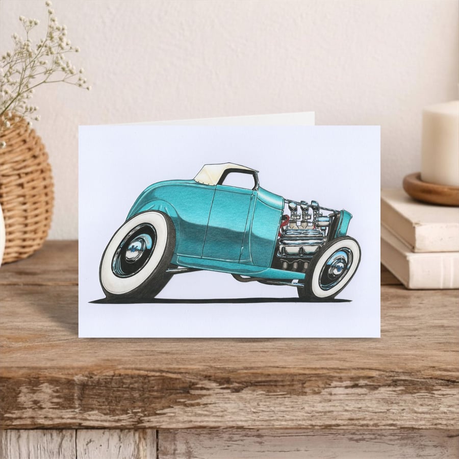 Hot Rod Greeting Card: Hand Drawn Classic Car Illustration (408)