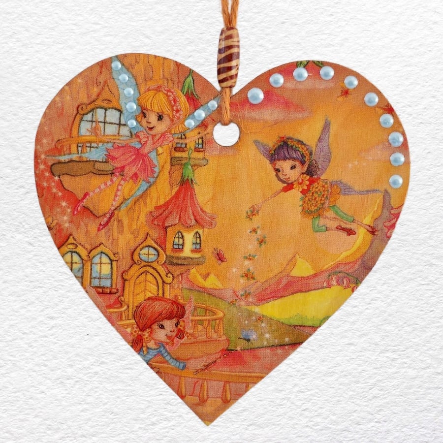 Decoupaged Wooden Hanging Heart 15cm (6") Fairies design