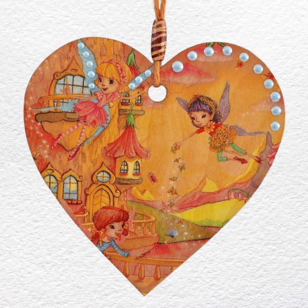 Decoupaged Wooden Hanging Heart 15cm (6") Fairies design