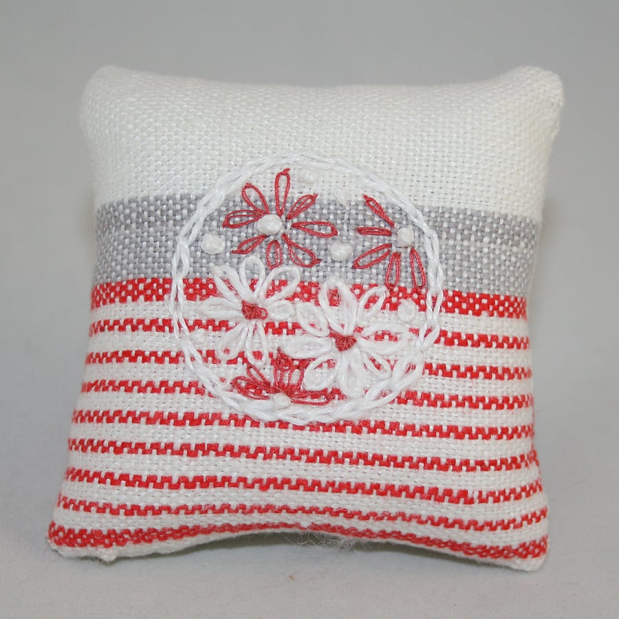 Pin Cushion - red and white,  from vintage linen