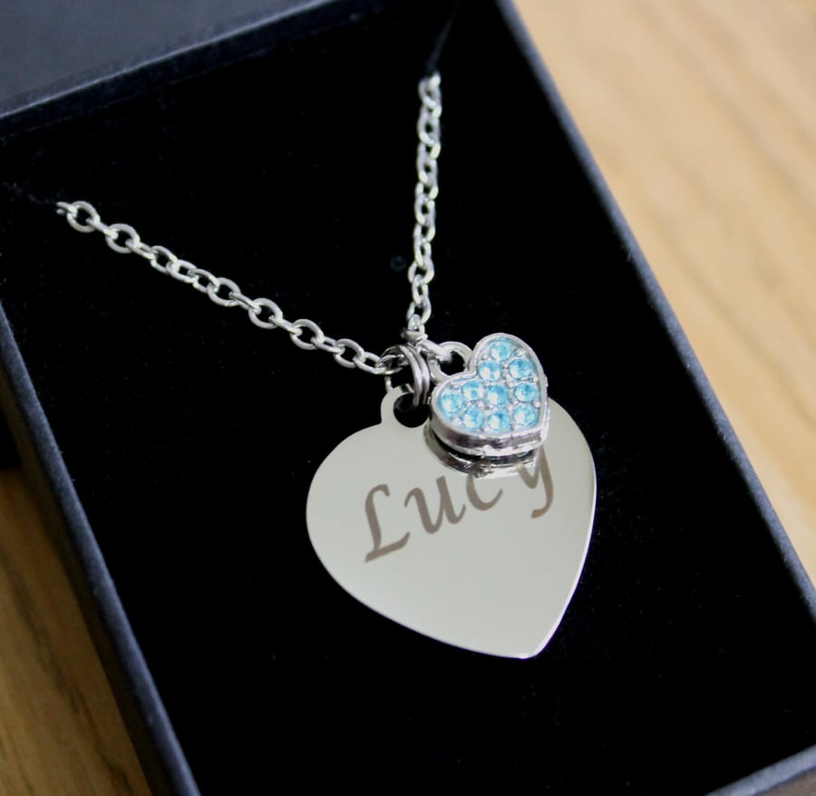 Personalised Necklace Heart Pendant Engraved Jewellery Gifts Blue Heart