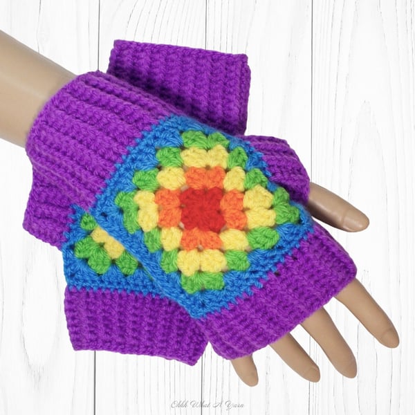 Crochet gloves. Purple rainbow granny square gloves, fingerless gloves.  