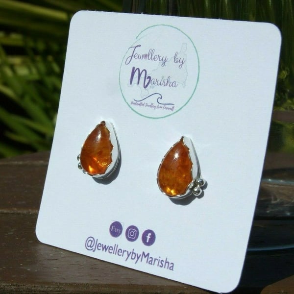 Handmade Baltic Amber Teardrop Stud Earrings in Fine Silver & Sterling Silver