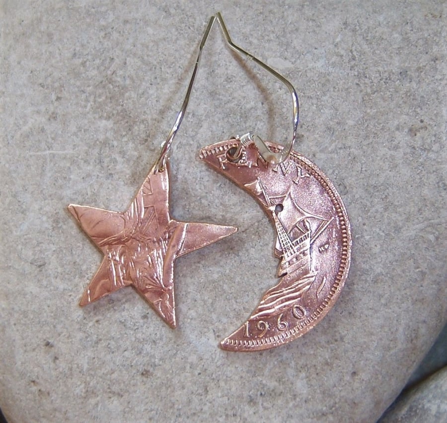 Moon and Star earrings from old bronze coins