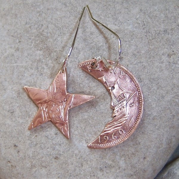 Moon and Star earrings from old bronze coins