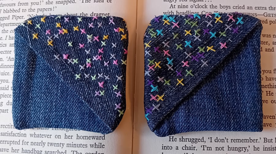 Bold & Bright Corner Bookmark – Upcycled Denim with Pastel Stitches!