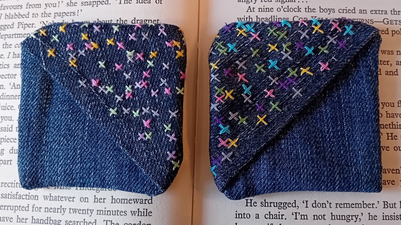 Bold & Bright Corner Bookmark – Upcycled Denim with Pastel Stitches!