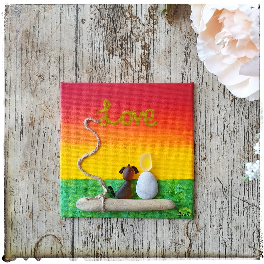Seaglass, pebbles and driftwood art "Love part 3 - DOGS"