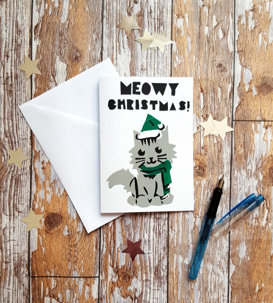 Screen Printed Cat Pun Themed Christmas Card - 'Meowy Christmas!'