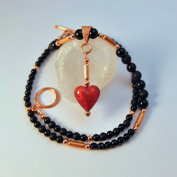 Murano Glass Heart, Onyx & Copper Necklace, Birthday, Anniversary, Gifts For Her