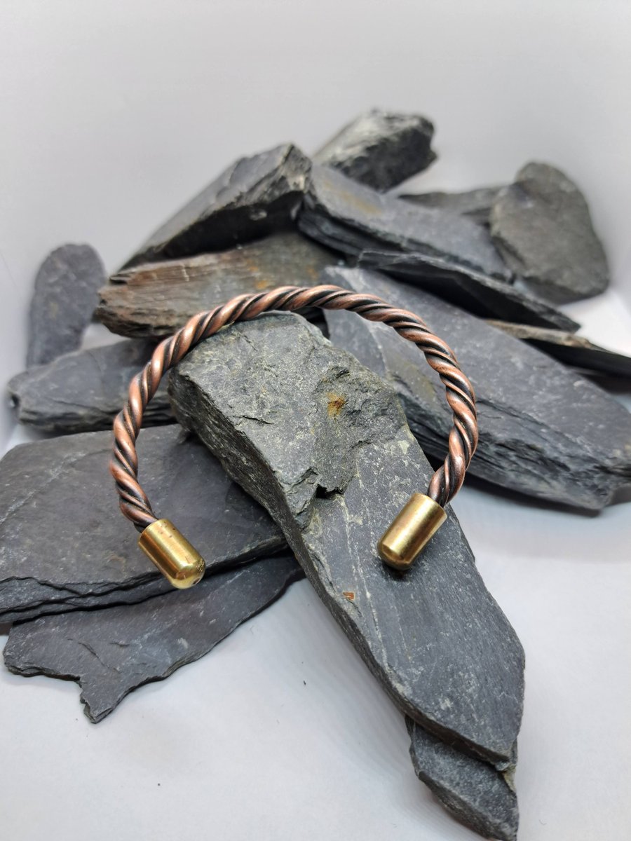 Handcrafted Twisted Celtic Copper Torc Bracelet with Brass Endcaps
