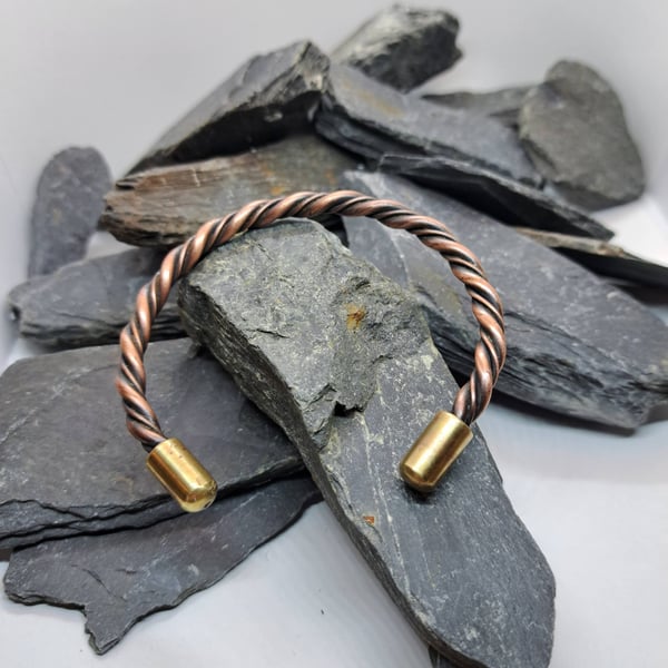 Handcrafted Twisted Celtic Copper Torc Bracelet with Brass Endcaps