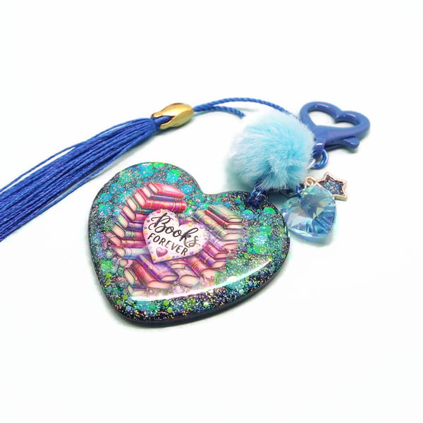 Book Themed Bag Charm, Keyring with Heart Clasp