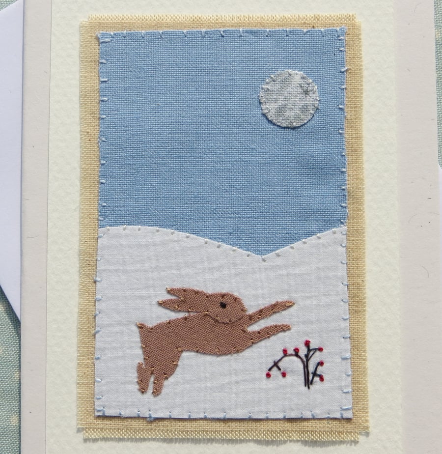 Moon Hare, detailed,hand-stitched card, hand dyed recycled cotton