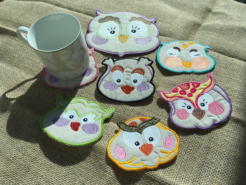 Owl Teapot and Mug Coaster Set. Country Kitchen Decorations.