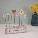 Clay and Button Flower Garden in a Floral Wood Block 'Be a Wildflower'