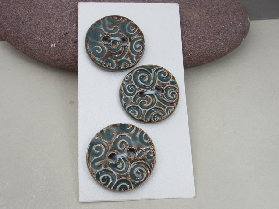 3 Spiral Textured Sedge Green Glazed Ceramic Buttons