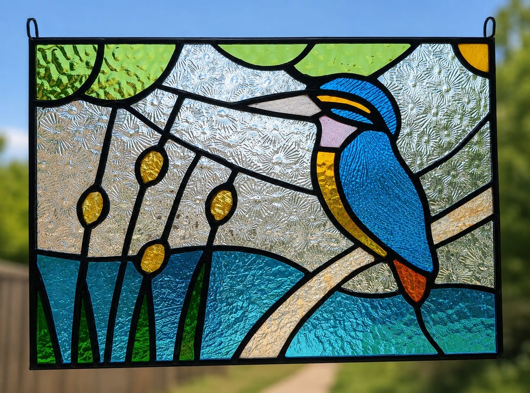 Stained glass kingfisher picture landscape panel