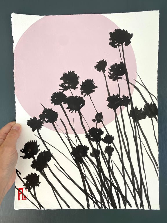 Garden Chives, ink shadow painting, original artwork, handmade paper, signed