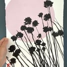 Garden Chives, ink shadow painting, original artwork, handmade paper, signed