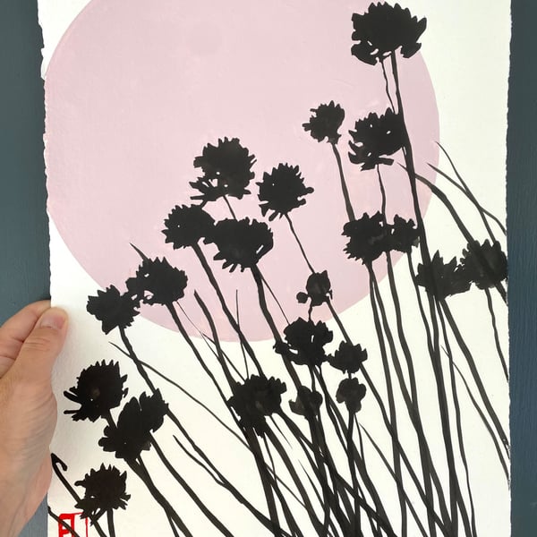 Garden Chives, ink shadow painting, original artwork, handmade paper, signed