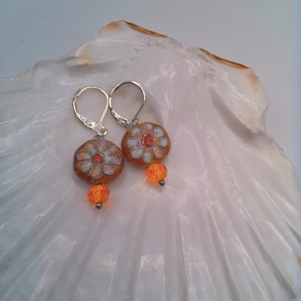 Cloisonne Cushion and Crystal Earrings, Gift for Her, Orange Cloisonne Earrings