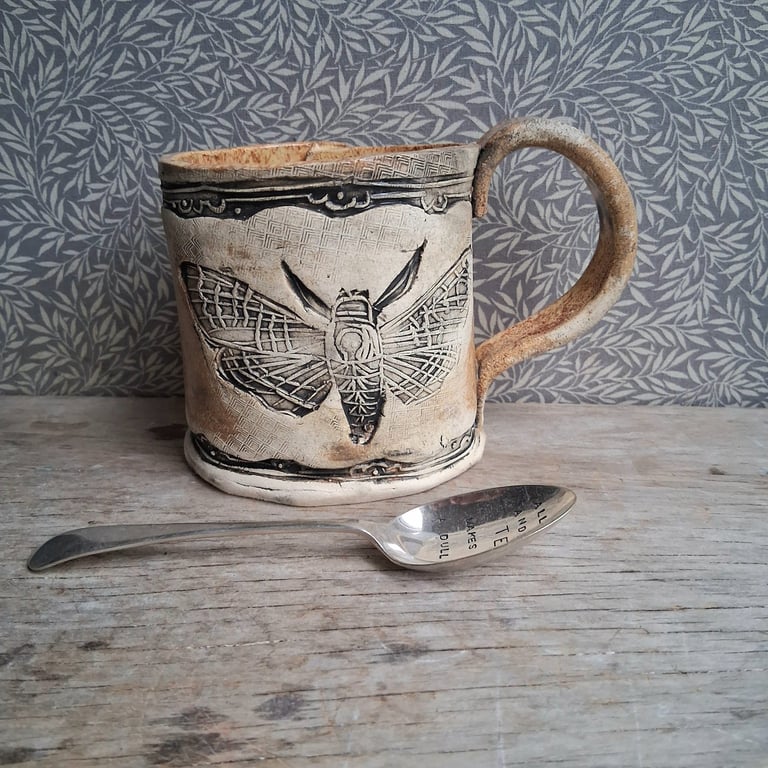Rustic deaths head moth coffee mug ceramic pottery tea cup, stoneware handmade, 