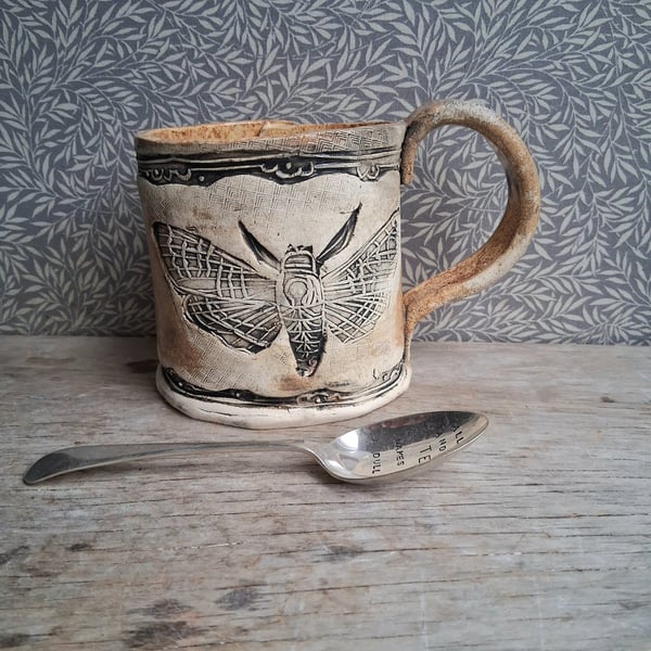 Rustic deaths head moth coffee mug ceramic pottery tea cup, stoneware handmade, 