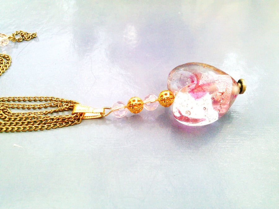 Pink Heart  Necklace, Pink Quartize Gemstone, Long Gold Necklace