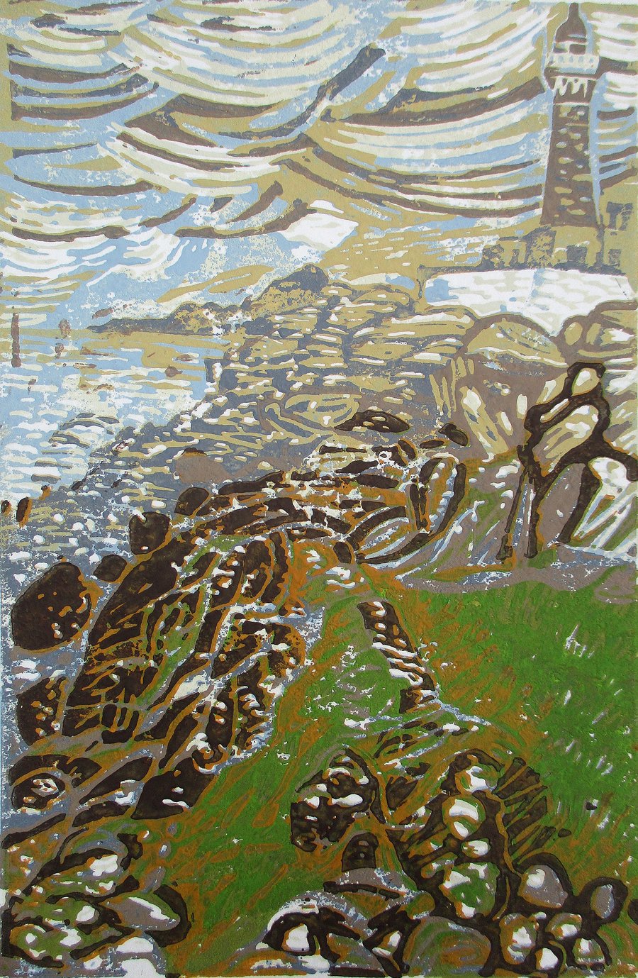 Ardnamurchan Lighthouse, Original Reduction Linocut Print