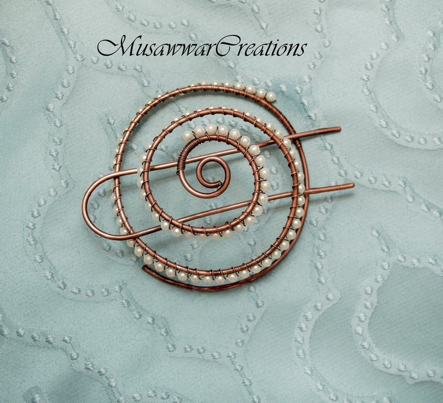 Copper Spiral Hair Ornament , White Beaded Bun Cage, Handmade Gift for Her