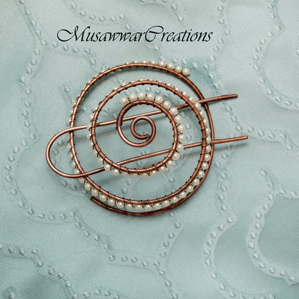 Copper Spiral Hair Ornament , White Beaded Bun Cage, Handmade Gift for Her