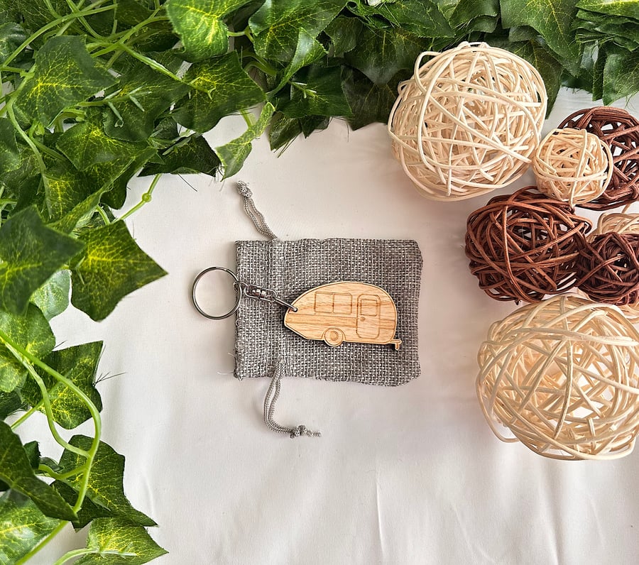 Wooden Caravan Keyring with Gift Bag