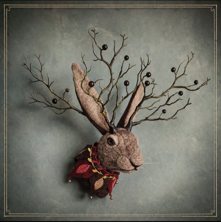 Larger than life jackalope with twig antlers & felt collar  - Rowan Thistlekin