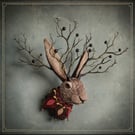 Larger than life jackalope with twig antlers & felt collar  - Rowan Thistlekin