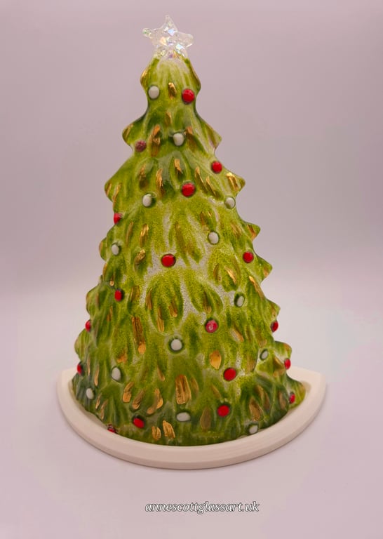 Handmade Fused Glass 3D Green Christmas Tree Candle Holder Red, White. Gold