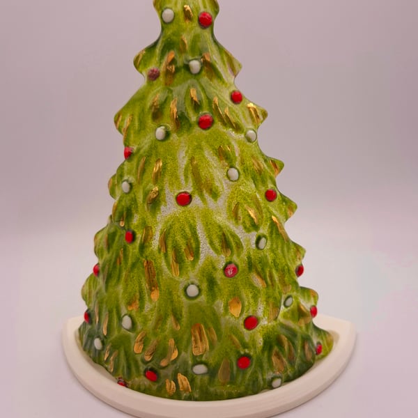 Handmade Fused Glass 3D Green Christmas Tree Candle Holder Red, White. Gold