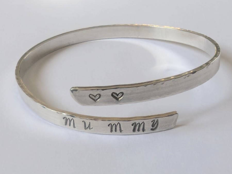 Mummy and Heart Bangle, recycled sterling silver