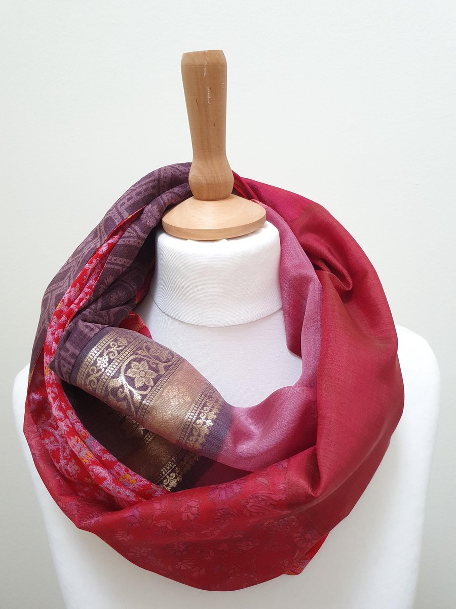 Sari silk double sided infinity scarf. Shades of burnt orange, burgundy, pink an
