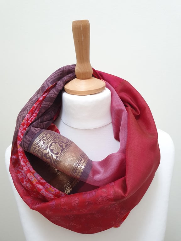 Sari silk double sided infinity scarf. Shades of burnt orange, burgundy, pink an