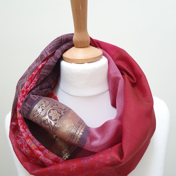 Sari silk double sided infinity scarf. Shades of burnt orange, burgundy, pink an
