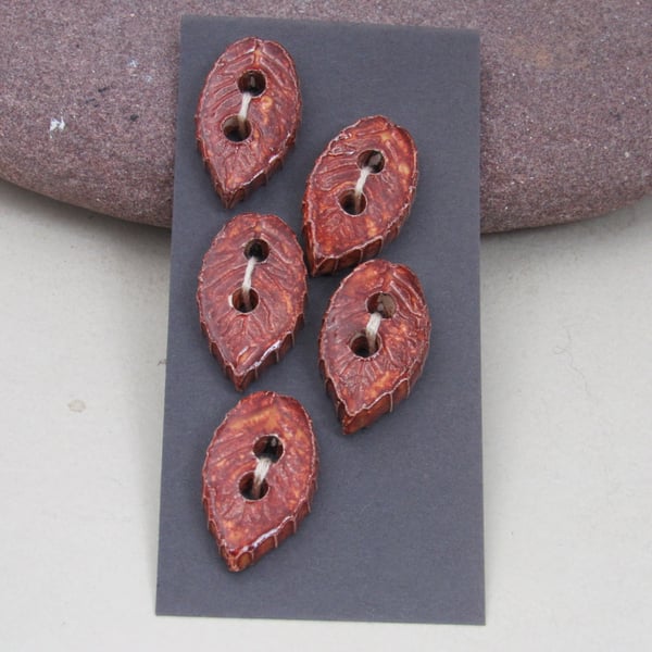 5 Small Leaf Shaped Bright Copper Ceramic Buttons